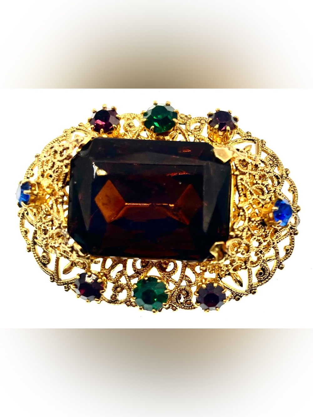 Vintage Filigree Rhinestone Brooch Gold Tone Smoky Topaz Jewel Tone Statement